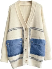 Women's Spliced Denim Pockets Knit Cardigan Button Down Slouchy Stripe Sweater