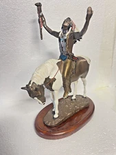 Chuck Ren Deliverance Native American Chief on Horse Bronze Painted Figurine