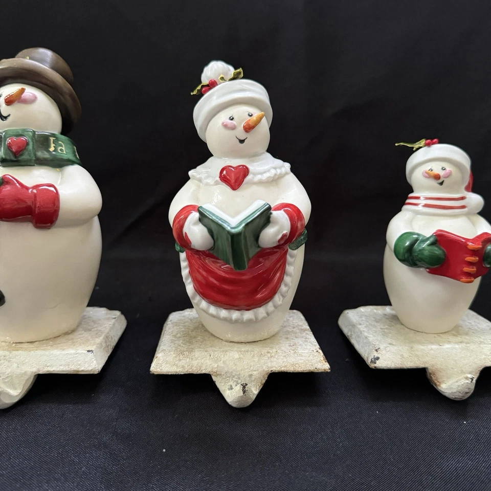 Snowman Family Caroling Stocking Hanger Holder Set of 3 Ceramic on Cast Base GAC - Image 3 of 4
