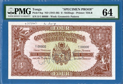 Tonga, 4 Shillings, 00000 Specimen Proof, 1941-66, UNC-PMG64, P9sp - 第 1/2 張圖片