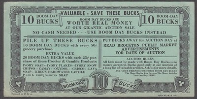 Brockton Public Markets 10 Boom-Bay Bucks certificate ca 1950s