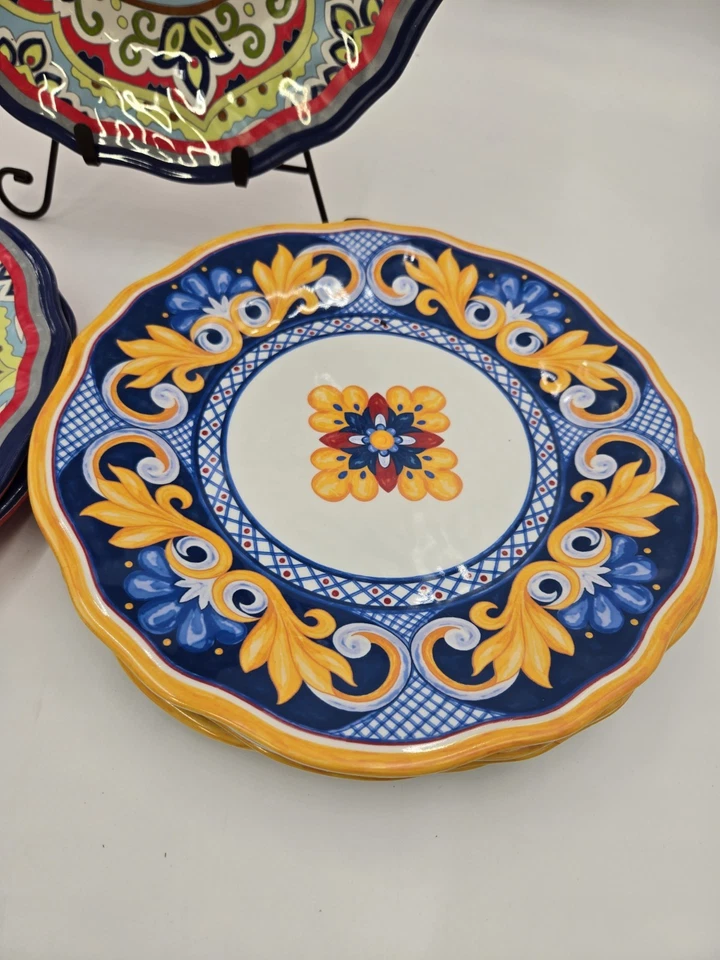 Cynthia Rowley Mutil Colored Floral Scalloped Edge Red & Yellow Set Of 8 - Image 3 of 4