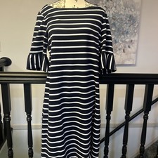 Talbots Stripe Cotton Shift Dress Womens Size LP Blue White 3/4 Ruffle Sleeve