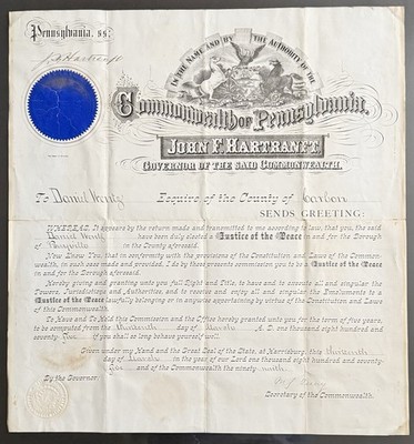 Elegant 1875 Pennsylvania Commission Signed By Governor