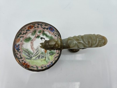 Antique Chinese Peking Enamel Cup Carved Nephrite Jade Dragon