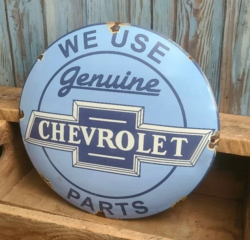 Vintage We Use Genuine Chevrolet Parts Porcelain Metal Sign Chevy Service