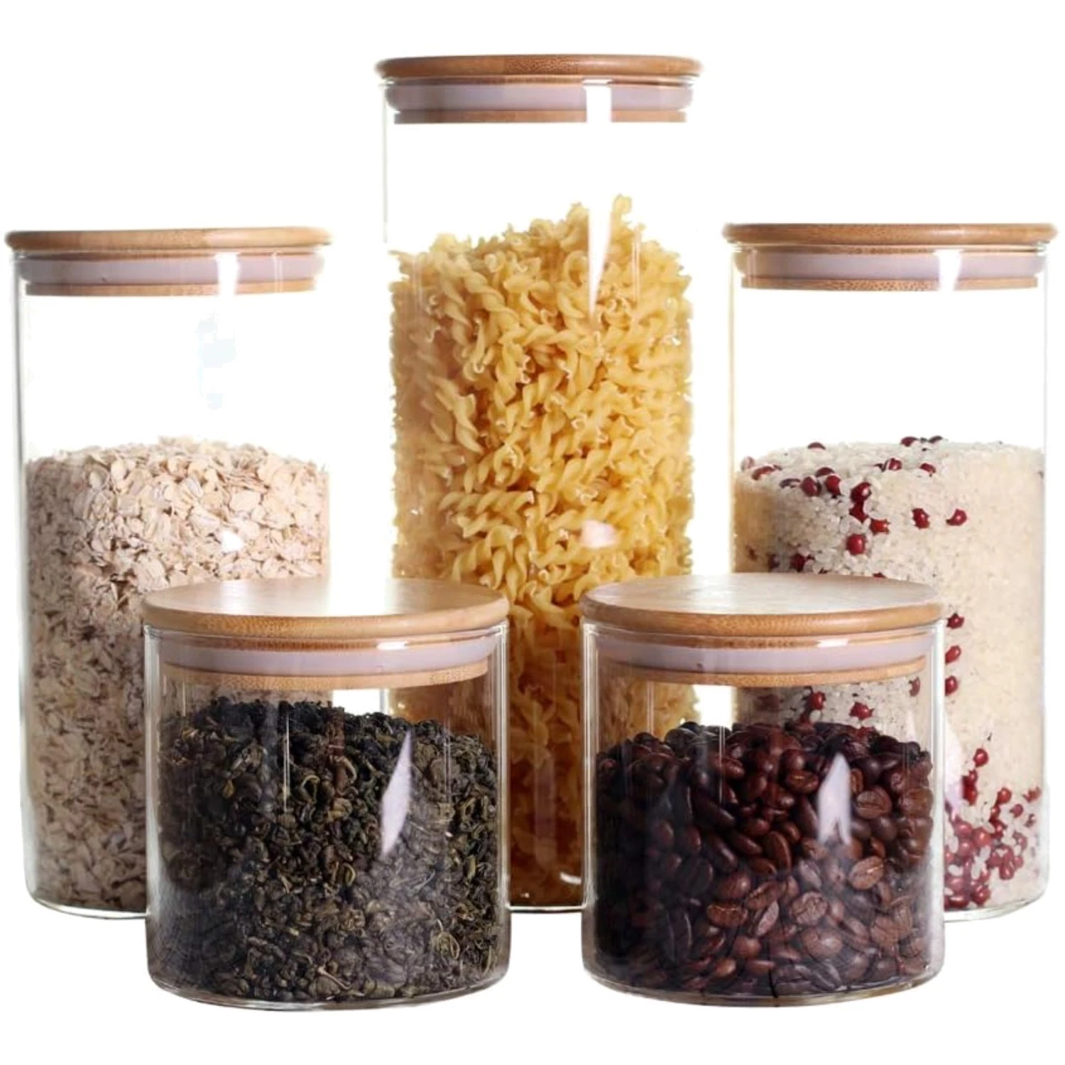 Elegant Stackable Glass Kitchen Canisters Set of 5 with Airtight Bamboo Lids