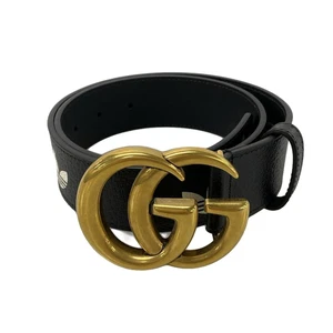 Auth GUCCI Ceinture Double G Large / GG Marmont 406831 Ceinture en Cuir Noir Blanc