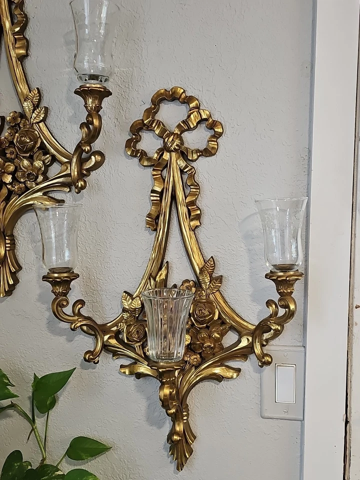 Pair of 2 Regency Brass Look Syroco Plastic 3 Arm Candle Sconce/6  Glass Votive  - Image 3 of 4