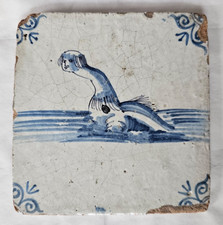 CHARMING UNUSUAL  DELFT  ANTIQUE 5 INCH TILE OF A MERMAN SEA CREATURE