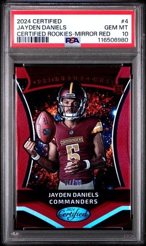 JAYDEN DANIELS #4 2024 PANINI CERTIFIED ROOKIES MIRROR RED RC #/99 PSA 10