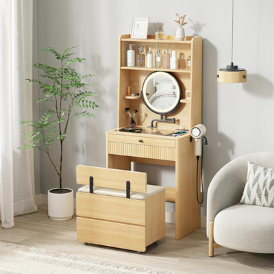 Modern Oak Vanity Desk with LED Mirror, Storage & Charging Station