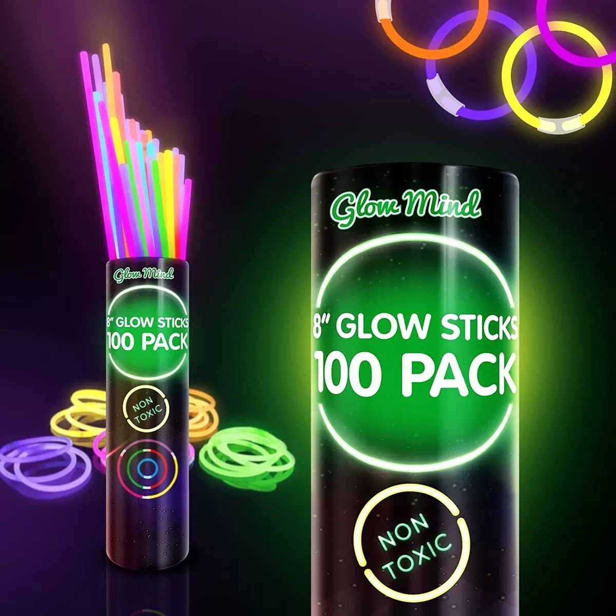 100 Glow Mind Glow Sticks Glow in The Dark Fun Party Pack with 8