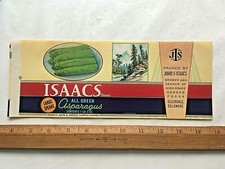 1930's Isaacs Brand Asparagus Can Label  4 1/4 x 11 inches. Ellendale, Delaware.