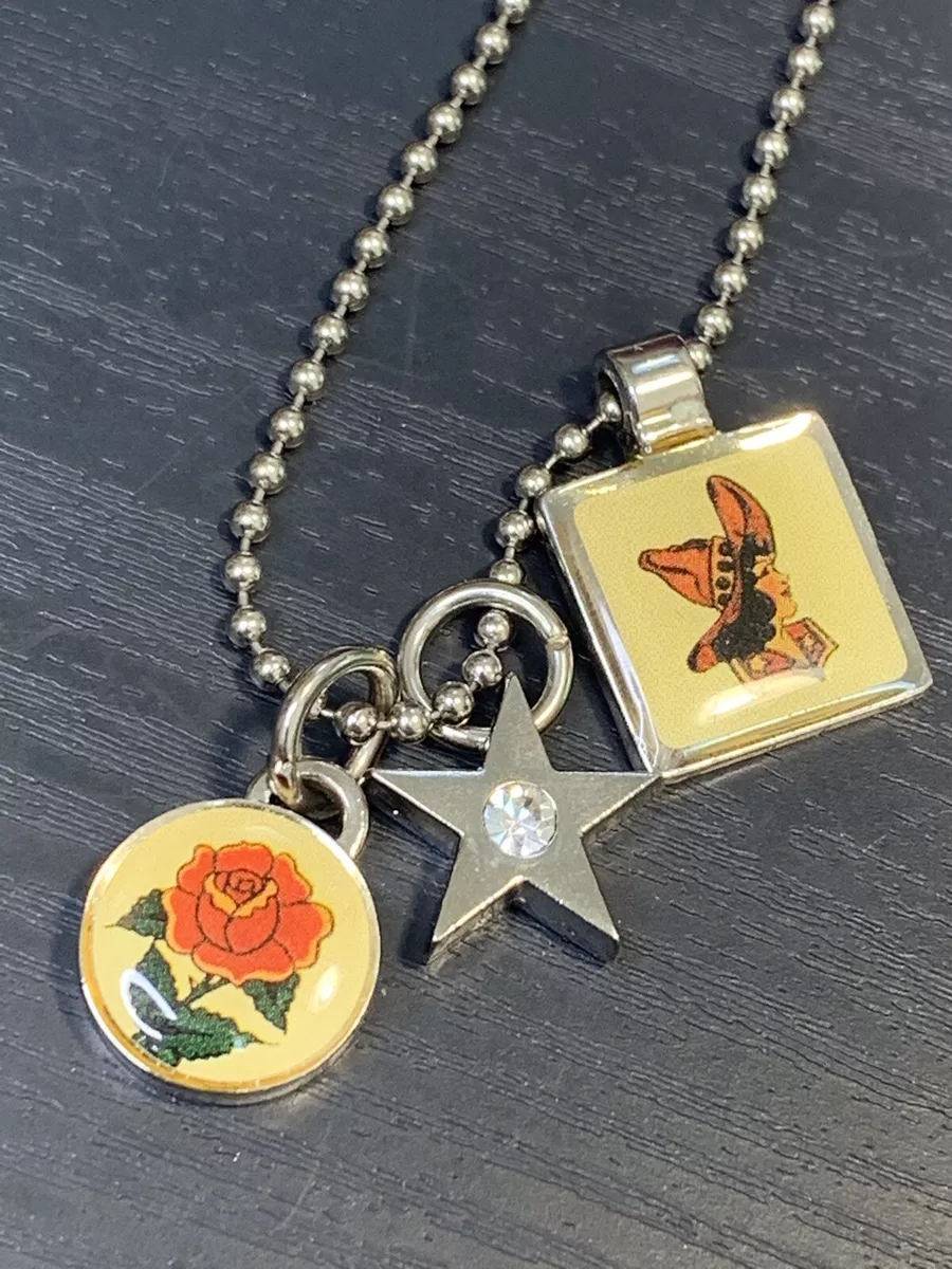 LUCY LU S BIJOUX HAND CRAFTED CHARM DOG TAG NECKLACE Rose Star