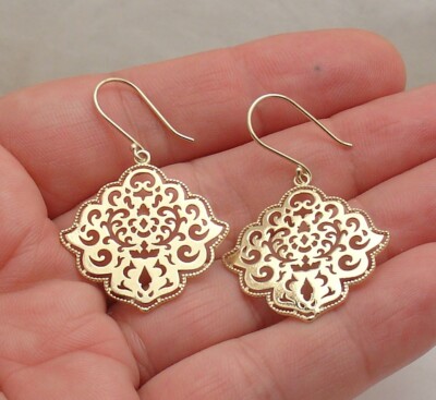 Technibond Filigree Cut Out Lace Drop Earrings 14K Yellow Gold Plated Silver