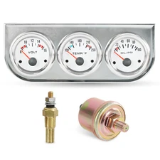 Universal 2'' 52mm Volt Water Oil Pressure Triple 3 Gauge Set Gauges Chrome Kit