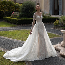 Elegant Mermaid Wedding Dress O-Neck Illusion Sleeves Lace Appliques Bridal Gown