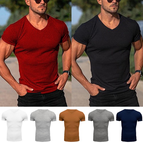 Men V Neck Tops Short Sleeve T-shirt Slim Fit Stretch Sport Gym Muscle Tee Tunic