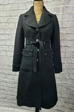 Anthropologie Elevenses Long Black Wool Front-tie Military Trench Coat Sz 4