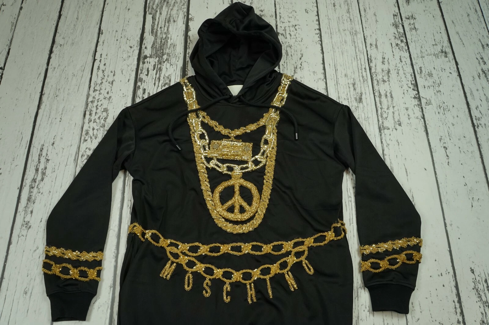 Felpa con cappuccio H&M MOSCHINO nera scintillante maglia catene oro Jeremy Scott abito taglia XS