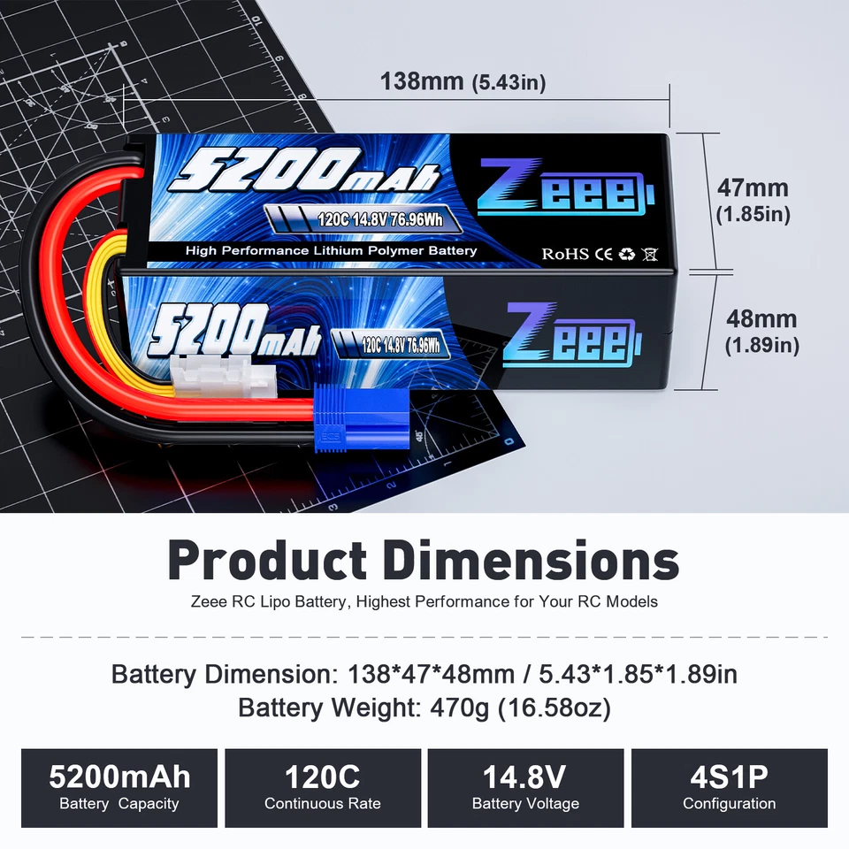 2xZeee 4S LiPo Battery 14.8V 120C 5200mAh EC5 for RC Car Truck Helicopter Racing - Image 3 of 4