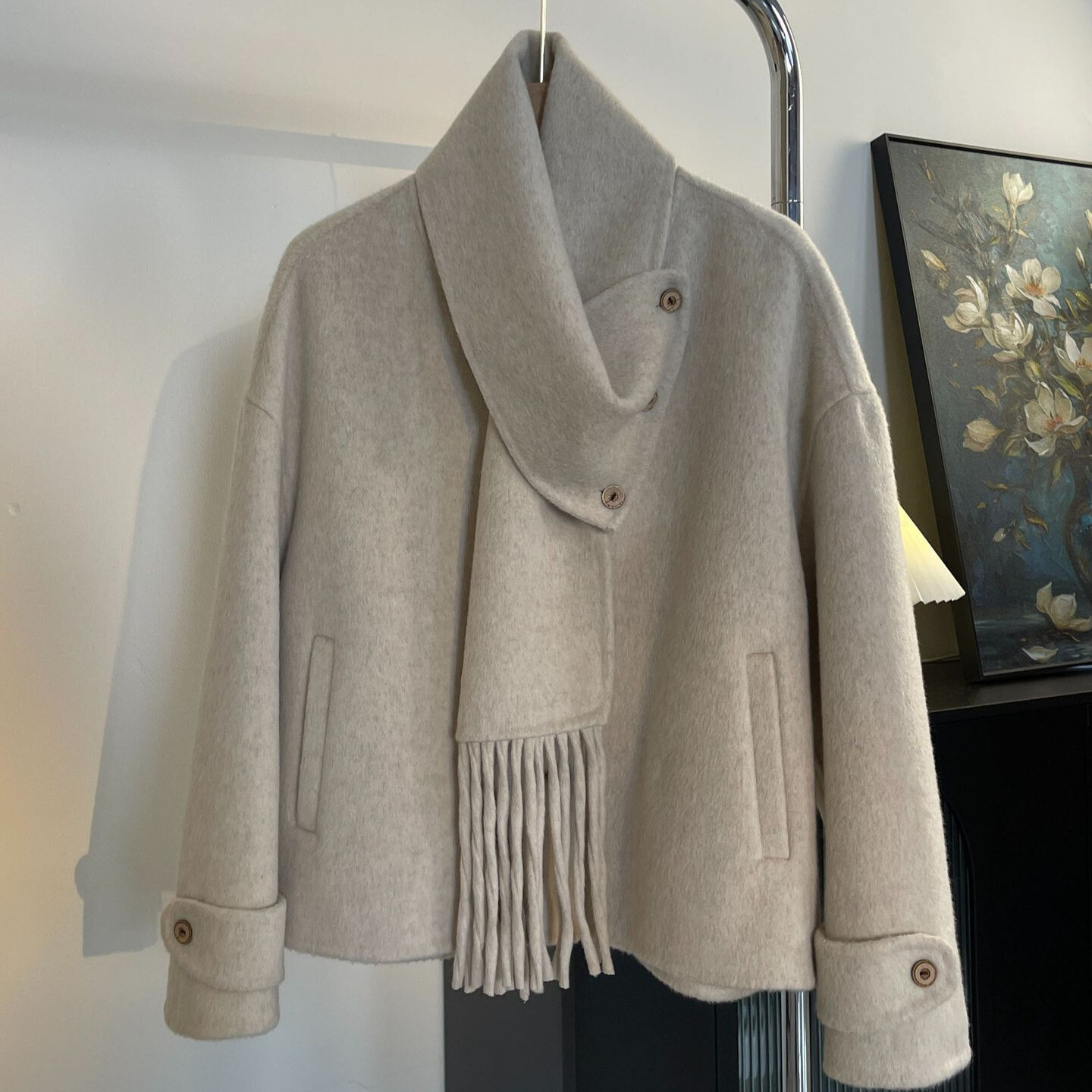 2024 Korean Style Womens Loose Scarf Wool Blend Jackets Short Coats Outwear Size