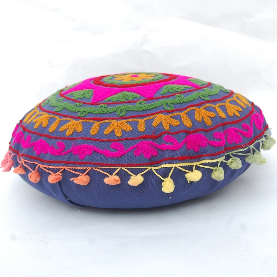 Multi Color Floral Cotton Suzani Embroidery Round Cushion Cover Round Pom-Pom16" - Image 3 of 4