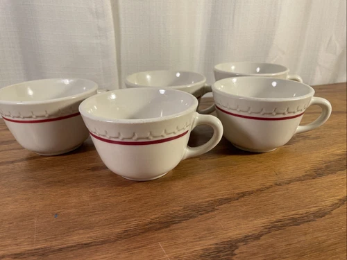 5 MCM Syracuse China Restaurant Ware White Red Stripe Econo Rim Coffee Cup