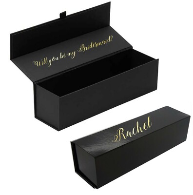Personalisierte schwarze Flaschenbox Goldfolie Name Will You Be My Bridesmaid Vorschlag