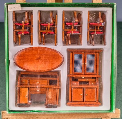 Collectible Vintage Miniature Dollhouse Furniture Set Table Chairs Office Dollhouse