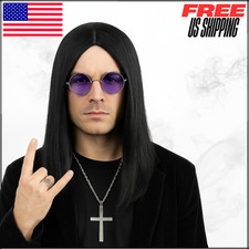 Long Black Straight 80s Metal Rocker Wig For Men W/ Cross Necklace Glasses