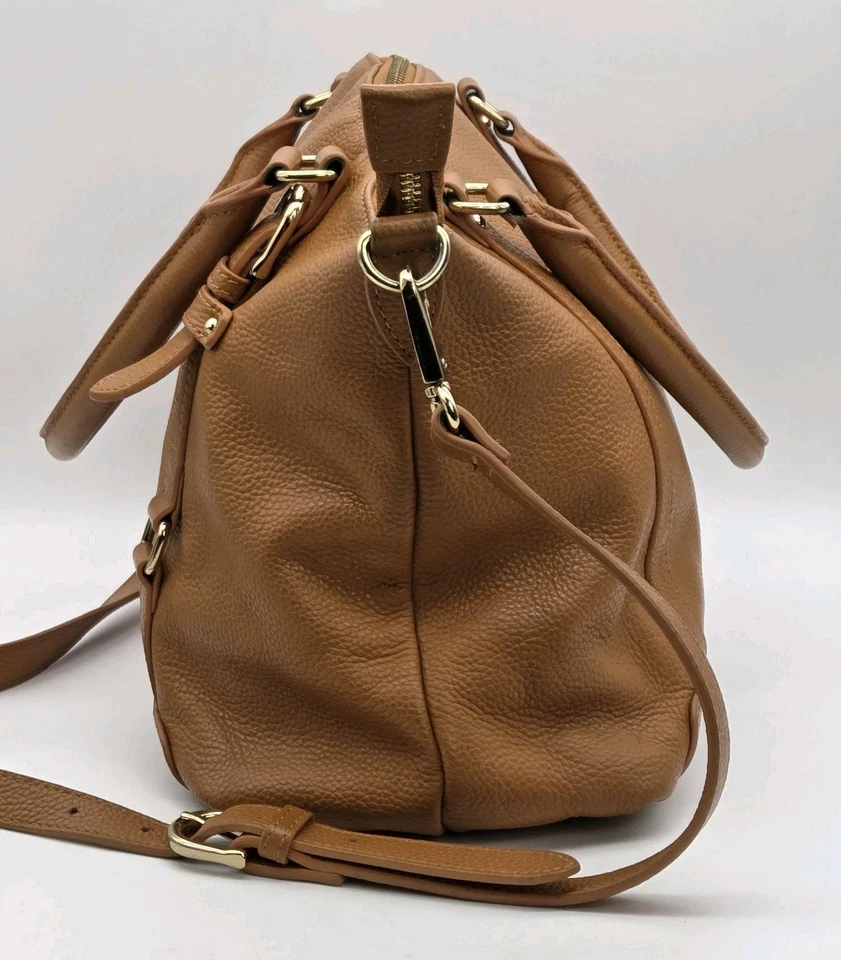 Ora Delphine Satchel Purse Caramel Brown Pebbled Leather Bag Crossbody Strap - Image 3 of 4