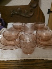 14 Piece Vintage Jeanette Doric  Pansy Depression Glass Pink Childs Tea Set