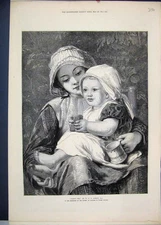 Original Old Antique Print 1872 Mother Baby Tea Beautiful Fine Art Victorian
