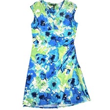 Lauren Ralph Lauren Dress Womens 18 Blue Green Floral Surplice Ruched Faux Wrap