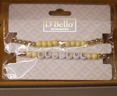 D'Bello Gold & White Beaded Adjustable Charm 2 Bracelets with Believe Dangle