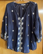 Figueroa Flower Anthropologie Women s L Blue Floral Embroidered Button Blouse