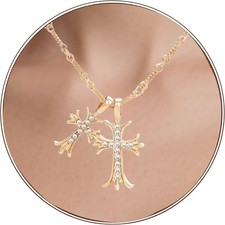 Cross Necklace 14K Gold Plated Double Cross Pendant Necklace Dainty Diamond Cros
