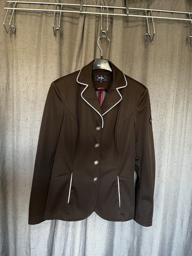 FairPlay Chocolate Brown Show Jacket With White Piping Accents/size 40