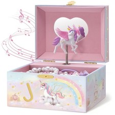 Unicorn Jewelry Box for Girls, Kids Initial Musical Jewelry Organizer with Spinn