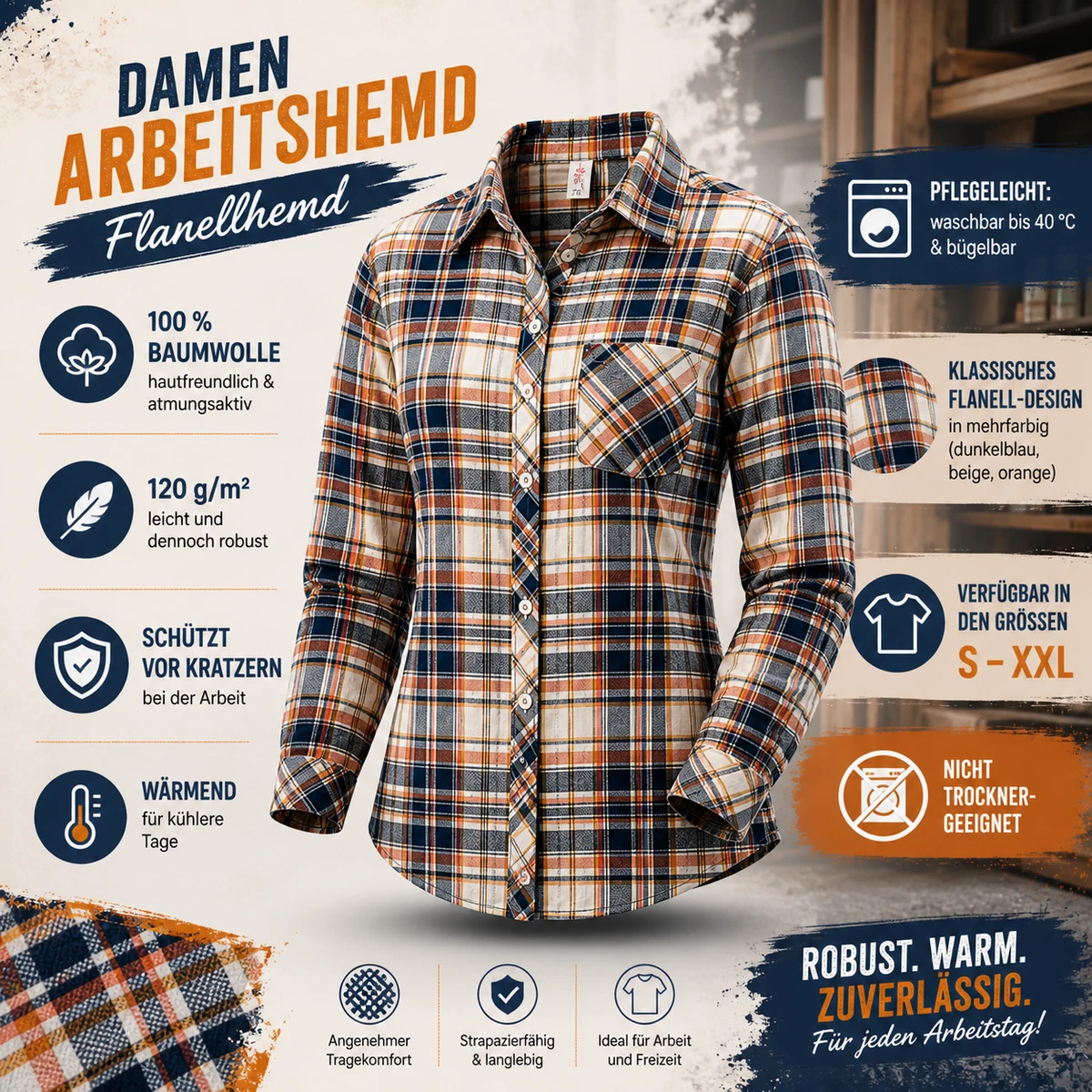 Damen Arbeitshemd Flanellhemd Bluse Hemd Flanell Shirt Oberteil Kleidung Arbeit