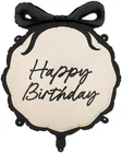 Happy Birthday Foil Balloon, Round Tablet Shape with Black Bow, Cream and Black