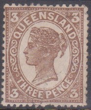 (F389-8) 1897 QLD 3d brown QVIC stamp (H)