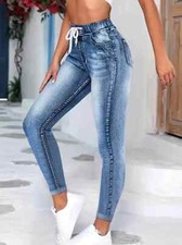 Casual Allover Denim Print Drawstring Elastic Waist Skinny Leggings High Stretch