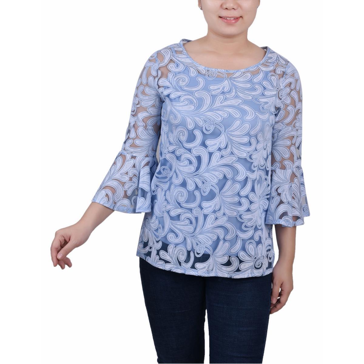 Женская рабочая блузка Petites с синим принтом и рукавом до локтя из коллекции NY Collection PL BHFO 5730