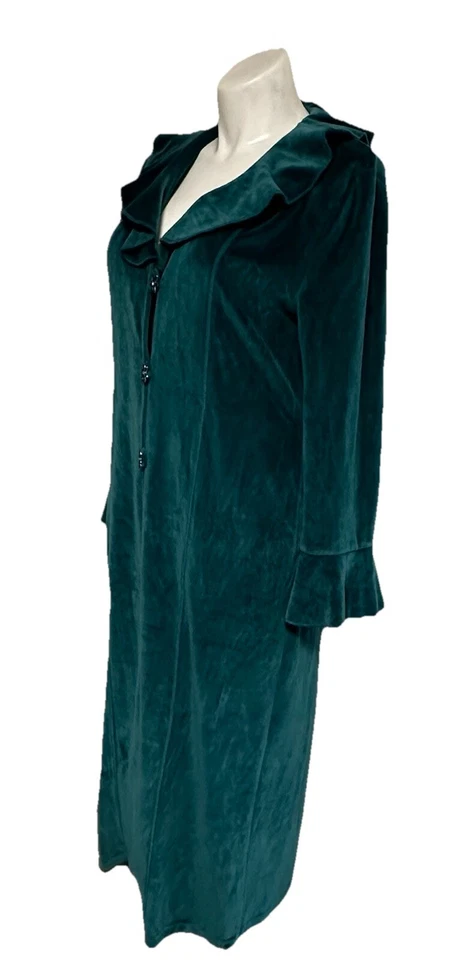 Norm Thompson Velour Emerald Green Ruffle House Coat Robe Flower Buttons Pockets - Image 2 of 4