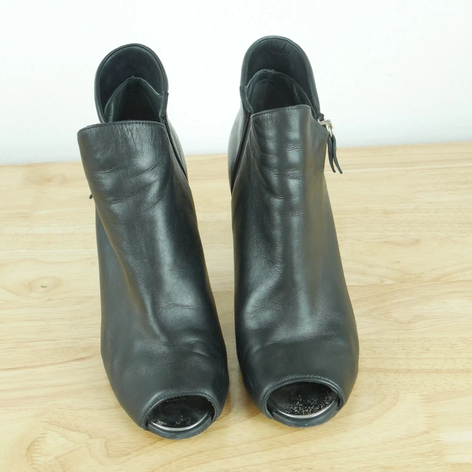 Stuart Weitzman Size 10 Ankle Boot Peep Toe Side Zip Black Bootie Leather Heels - Image 3 of 4