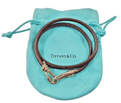 Tiffany & Co. Gold 18K Brown Leather Knot Bracelet 16
