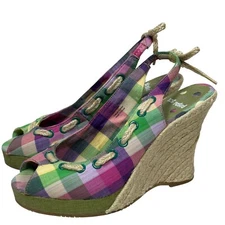 Not Rated Plaid Espadrille Wedges Women’s 8.5 Peep Toe Fabric Slingback Sandals